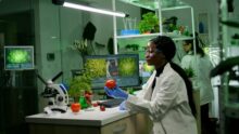 Chercheurs et équipe médicale travaillant sur l'analyse de données en Bioinformatique au Gabon